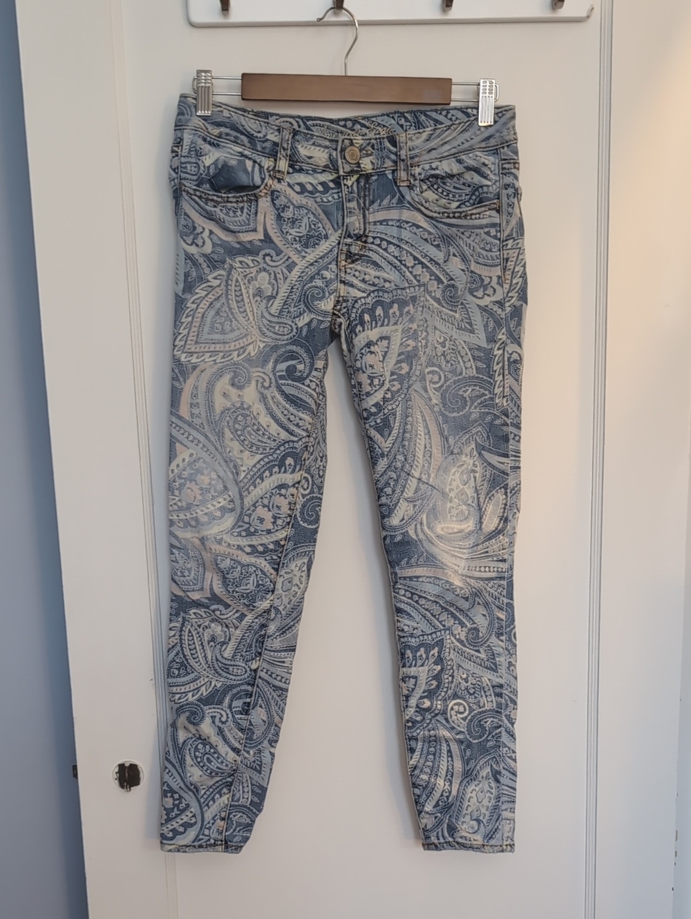 Faded Distressed Blue Paisley Skinny Jeans